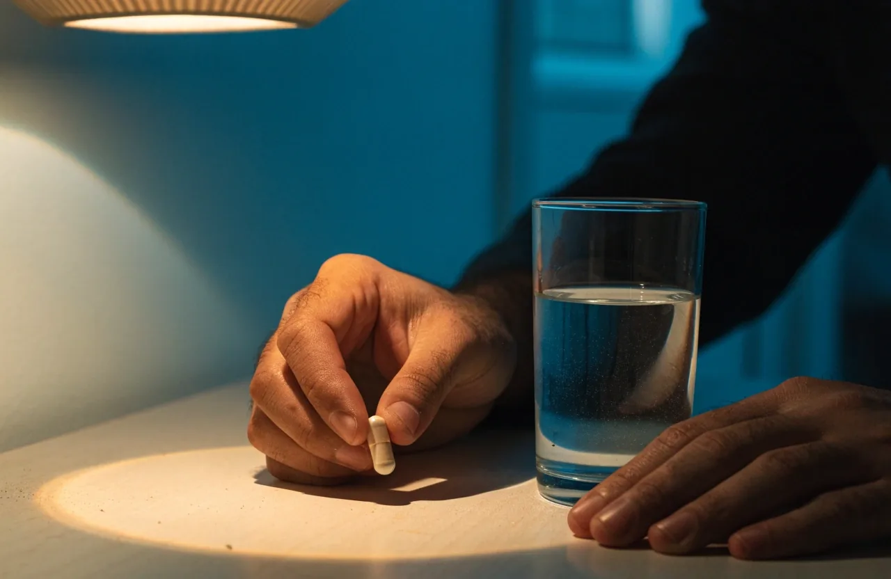 Un homme tient une gélule sans marque devant un verre d'eau à sa table