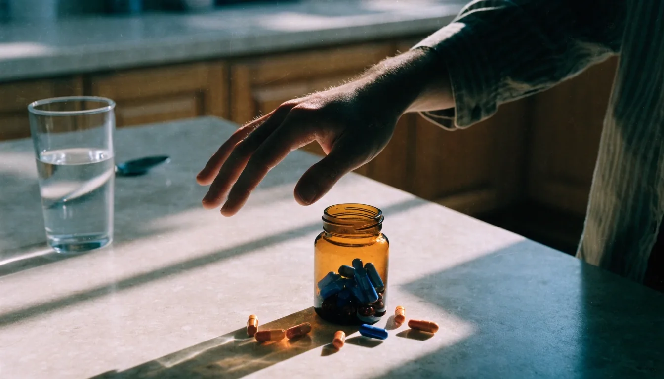 Capsules en vrac dans une coupelle en céramique sur un plan de travail en pierre pâle