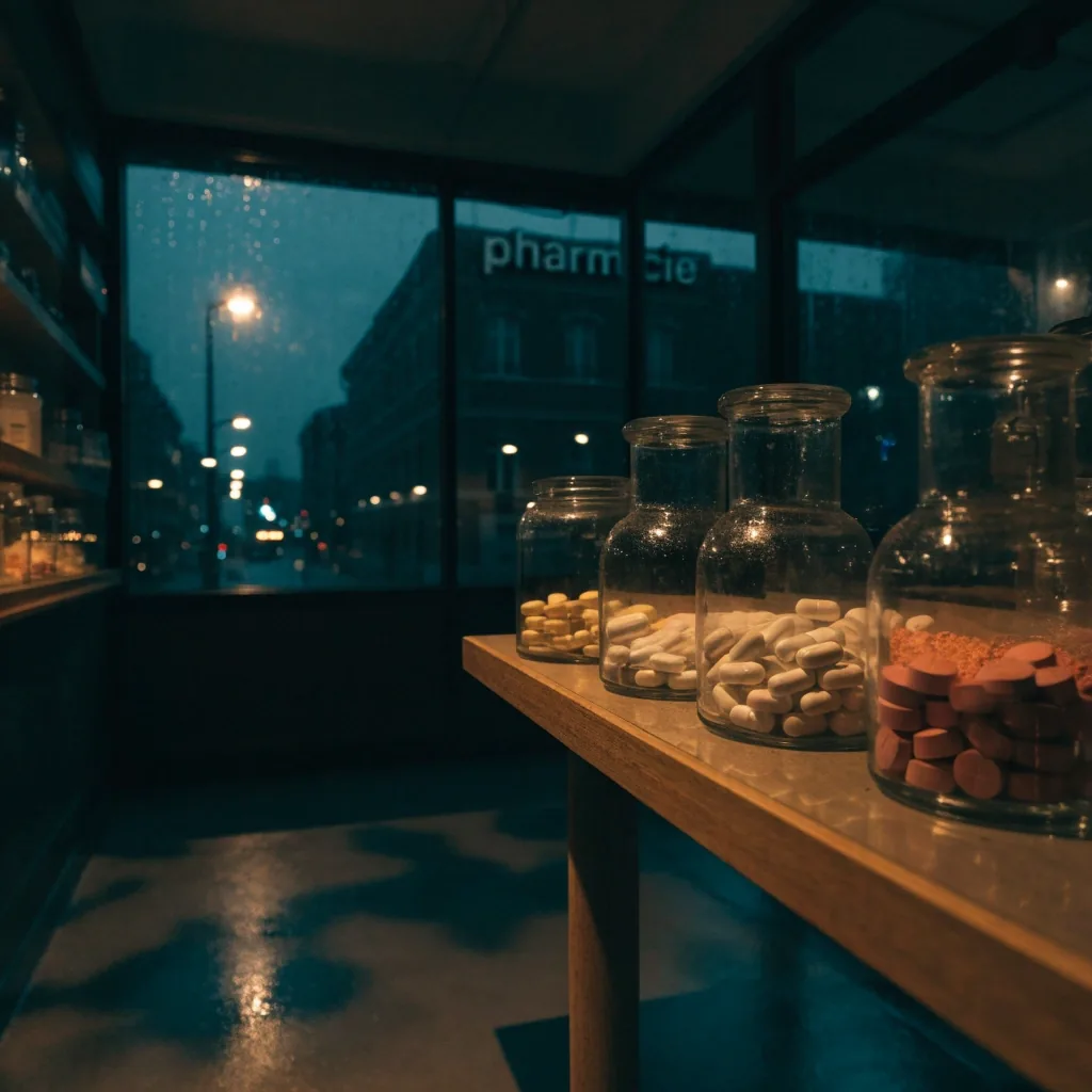 Comptoir d'une pharmacie nantaise la nuit, lumière orangée à travers la vitrine