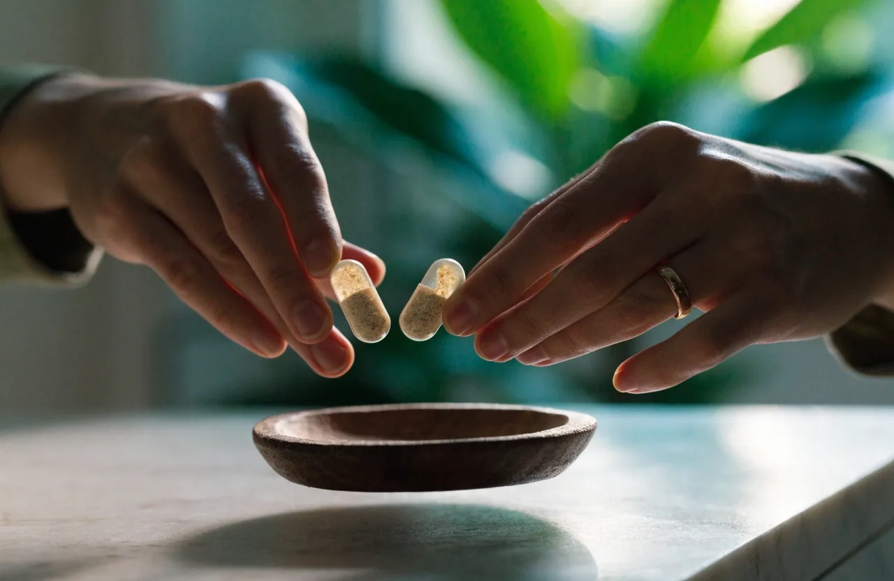 Trois gélules non marquées posées sur une pierre pâle sous une lumière ambrée
