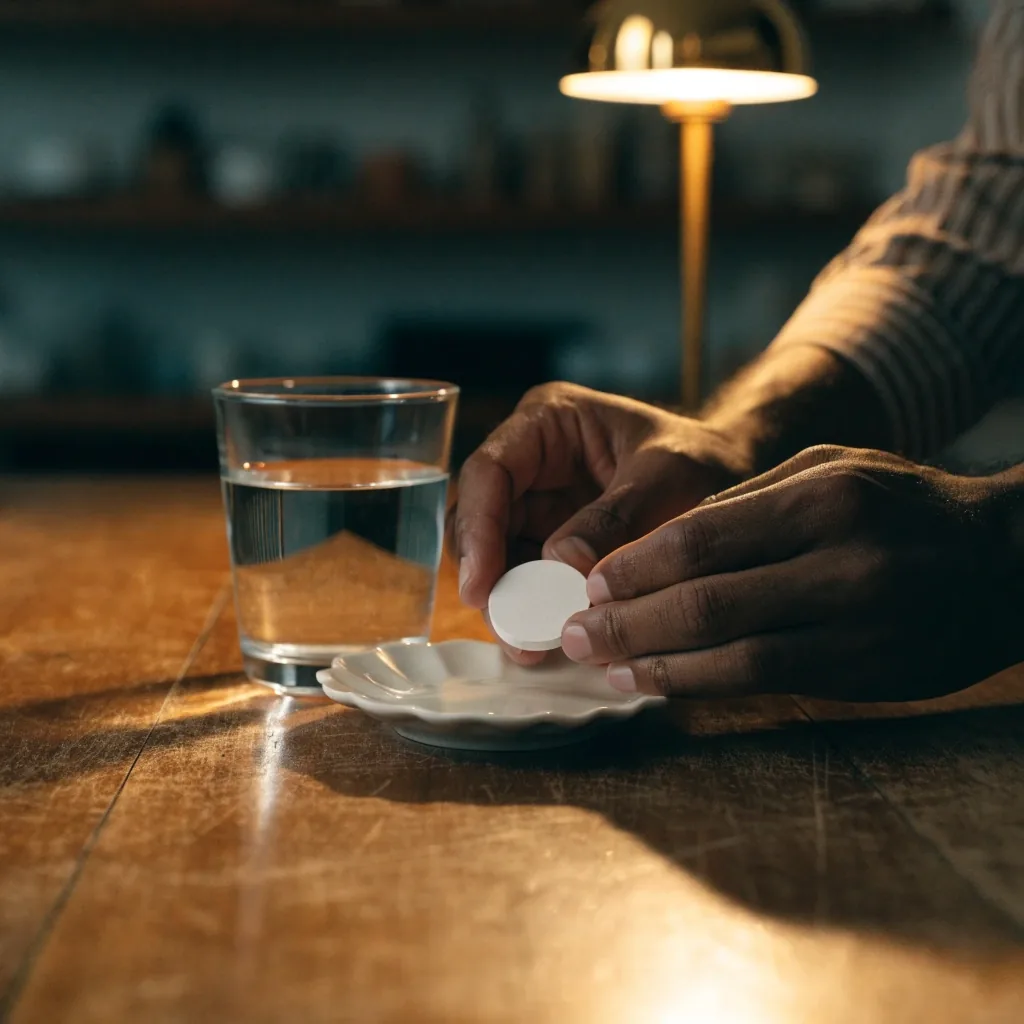 Mains d'un homme posant un comprimé sur une soucoupe à côté d'un verre d'eau sur une table de cuisine