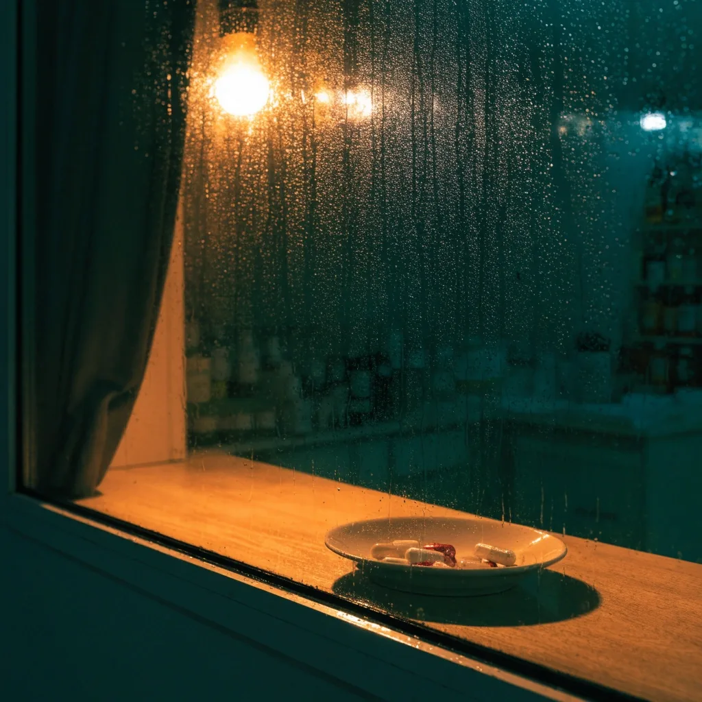 Comptoir d'une pharmacie française la nuit, éclairé par une lumière ambrée derrière la vitre