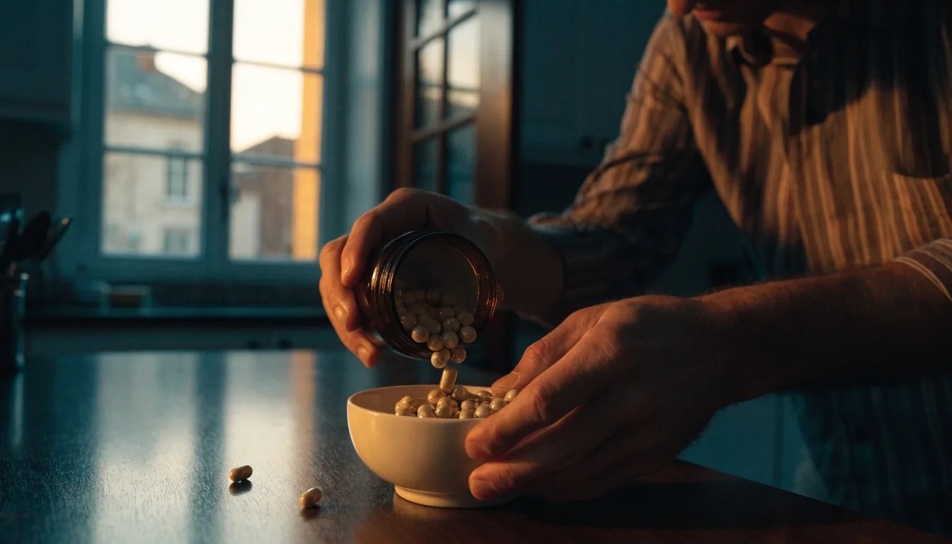 Coupelle de céramique avec des gélules non marquées sur une table de cuisine le soir