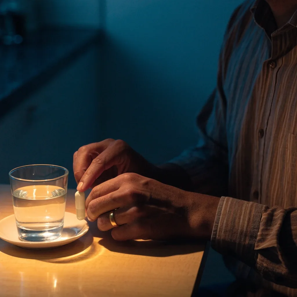 Mains d'un homme posant une gélule non marquée près d'un verre d'eau, le soir