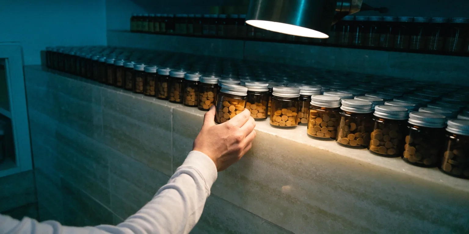 Rayonnage de nuit d'une pharmacie française, rangées de contenants identiques sous une lampe chaude